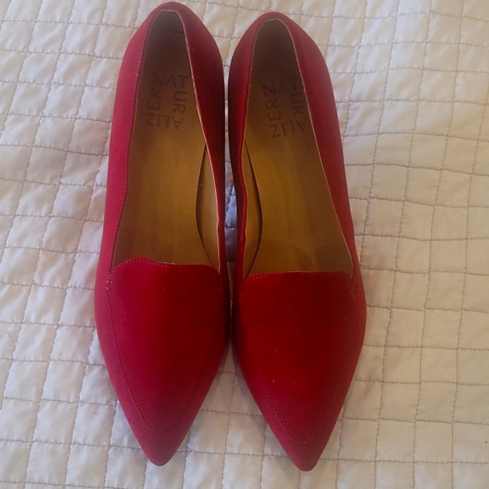 Red pointed toe heels